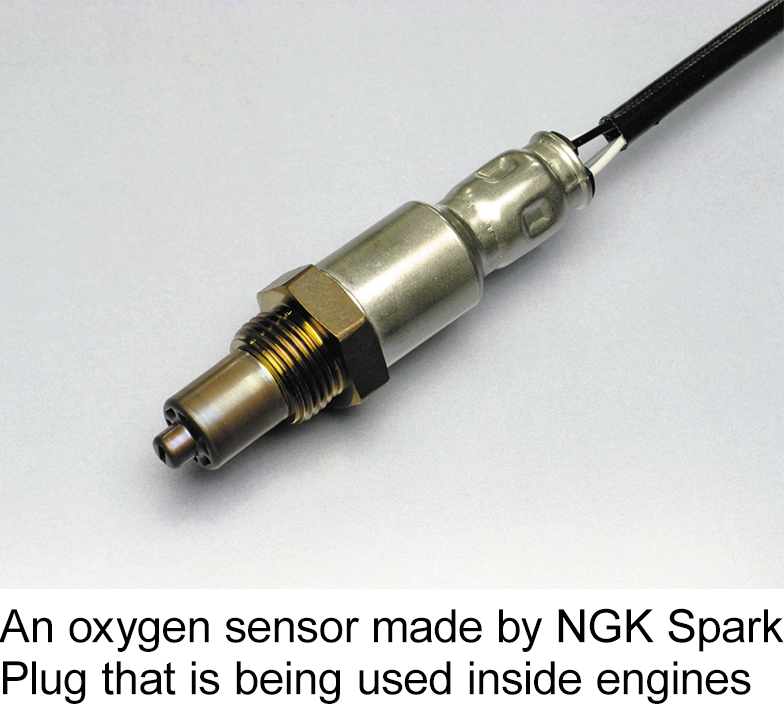 An oxygen sensor made by NGK Spark Plug that is being used inside engines